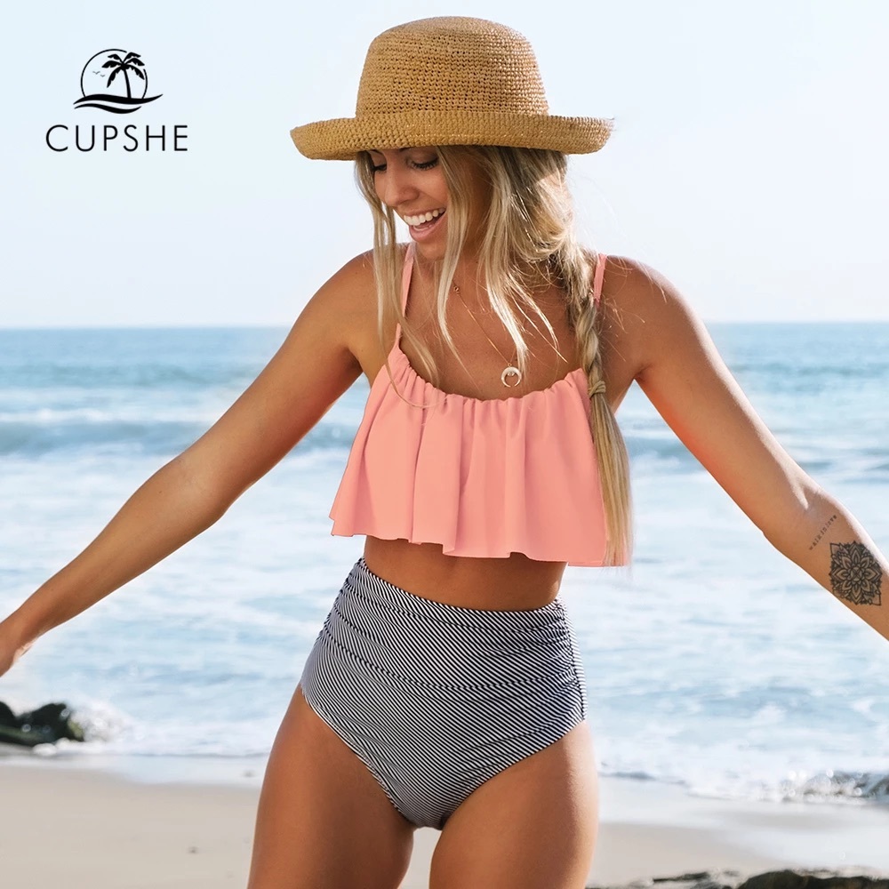 NWT  new Cupshe Fabala high waisted striped ruffle peach bikini swim small